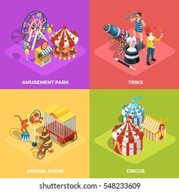 Travel circus performance 4 isometric icons square composition with animals show and magician tricks isolated vector illustration