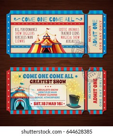 Travel circus retro entry tickets 2 banners set with with magic show striped tent isolated vector illustration  