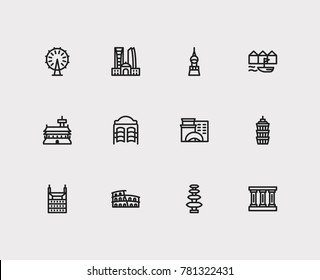 Travel cities icon set: germany, chicago, taiwan and skyscraper, cityscape, colosseum set popular traveling cities with saloon vector icon illustration for app web mobile UI logo desing.