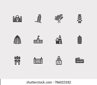 Travel cities icon set: italy, rome, colombia and monument, canada, indonesia set popular traveling cities with coliseum vector icon illustration for app web mobile UI logo desing.