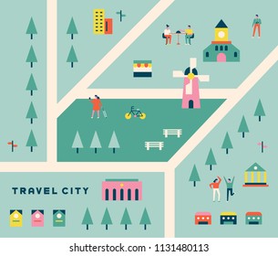 travel city map flat design style vector graphic illustration set