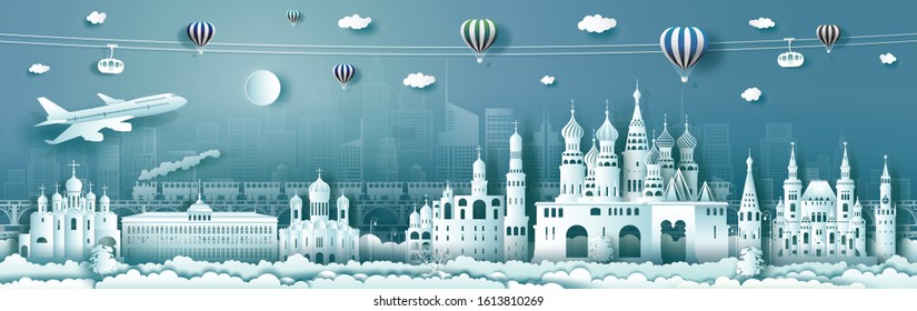 Travel city of Russia top world famous palace and castle architecture. Tour moscow landmark of europe with paper cut. Modern business brochure design for advertising, tour, travel.Vector illustration.