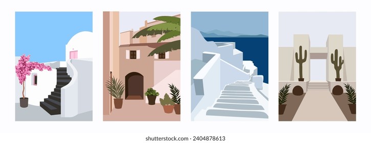 Travel cityscape. Set of summer backgrounds for banners, flyers, greeting cards, posters and advertisements. Vector cartoon flat illustration. 