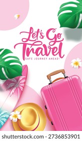 Travel clipart poster design. Let's go Travel text clip art with pink luggage bag, surfboard, summer hat and palm leaves elements clip art in abstract background for vacation tour and adventure vector illustration.
