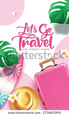 Travel clipart poster design. Let's go Travel text clip art with pink luggage bag, surfboard, summer hat and palm leaves elements clip art in abstract background for vacation tour and adventure vector illustration.
