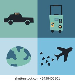travel clipart set: airplane, car, suitcase, earth. Catch the summer vibe concept. Flat vector style illustration. 