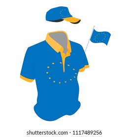 travel clothes set: t-shirt, baseball cap and shorts in Europa Union flag colors. vector drawing illustration