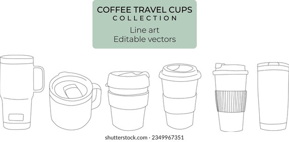 Travel coffee and tea cup and mugs with lid line drawing outline editable vector collection