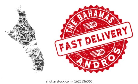 Travel collage Andros Island of Bahamas map and corroded stamp seal with FAST DELIVERY caption. Andros Island of Bahamas map collage designed with gray random shipping items.