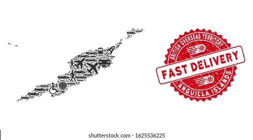 Travel collage Anguilla Islands map and rubber stamp seal with FAST DELIVERY caption. Anguilla Islands map collage designed with gray random traffic symbols.