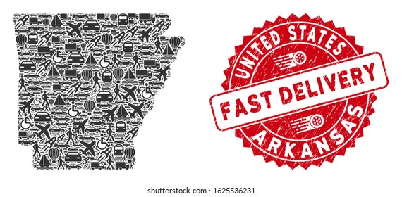 Travel collage Arkansas State map and corroded stamp watermark with FAST DELIVERY phrase. Arkansas State map collage composed with gray scattered logistics elements.