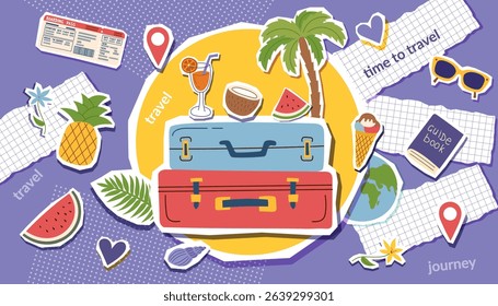 Travel collage background with conceptual objects. Summer vacation banner. Summer, vacation and travel destinations concept. Vector flat illustration.