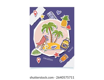 Travel collage background in pop art style. Travel and summer vacation concept poster. Summer beach objects. Vector trendy illustration.