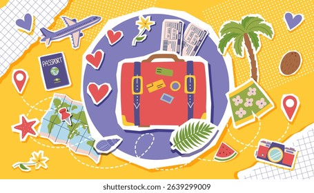 Travel collage banner. Summer vacation background. Travel destinations concept. Vector flat illustration with travel objects.