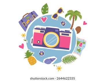 Travel collage clipart with camera in the middle and conceptual objects around isolated on white. Summer, vacation, photographing, memories concepts. Vector flat illustration.