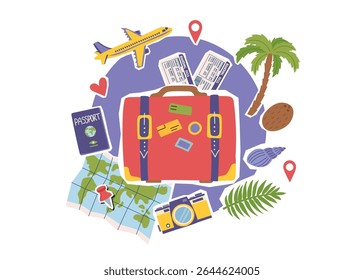 Travel collage clipart with suitcase and conceptual objects isolated on white. Summer, vacation, travel destination concept. Vector flat illustration.