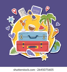Clipart de colagem de viagem com malas e objetos conceituais. Verão, férias, conceito de destino de viagem. Ilustração plana vetorial.