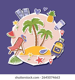 Travel collage clipart tropical island with palm trees in the middle and conceptual objects. Summer, vacation, travel destination concept. Vector flat illustration.