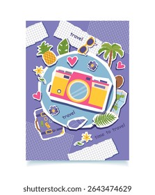 Travel collage conceptual banner with camera and travel objects in pop art style. Summer vacation background. Summer, vacation, travel and resting concept. Vector flat illustration.