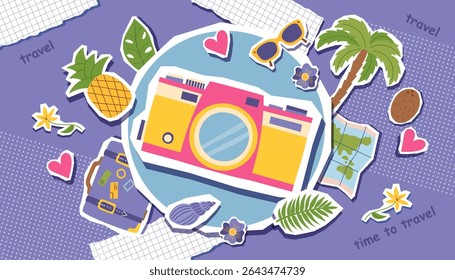Banner conceitual de colagem de viagem com câmera e objetos de viagem no estilo pop art. Férias de verão. Verão, férias, viagem e conceito de descanso. Ilustração plana vetorial.