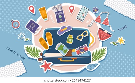 Banner conceitual de colagem de viagem com objetos de viagem no estilo pop art. Férias de verão. Verão, férias, viagem e conceito de descanso. Ilustração plana vetorial.