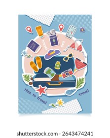 Cartaz conceitual de colagem de viagem com objetos de viagem no estilo pop art. Férias de verão. Verão, férias, viagem e conceito de descanso. Ilustração plana vetorial.
