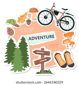Travel collage elements set with bike, pine forest, mushrooms, pine cone, acorn, oak leaf, sneakers, cap, wooden sign with arrows. Cartoon objects with paper cut shapes. Vector designs for banners