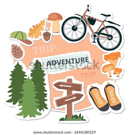 Travel collage elements set with bike, pine forest, mushrooms, pine cone, acorn, oak leaf, sneakers, cap, wooden sign with arrows. Cartoon objects with paper cut shapes. Vector designs for banners