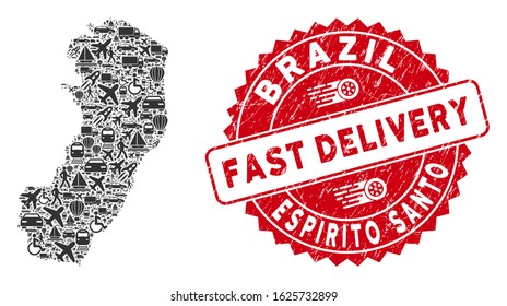 Travel collage Espirito Santo State map and corroded stamp watermark with FAST DELIVERY badge. Espirito Santo State map collage created with grey randomized automobile items.