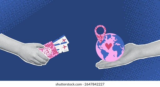 Travel collage with halftone hand and flat vibrant pattern tourism elements. Human arms palm holding passport with airplane tickets and planet with location map pin. Vector journey illustration.