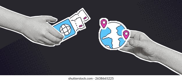 Travel collage with halftone hand with pixel art tourism elements. Human arms palm holding passport with airplane tickets and planet with location map pin. Vector journey illustration.