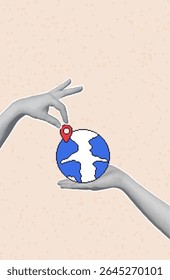 Travel collage with halftone hand with pixel art tourism elements. Human arms palm holding globe and location map pin. Vector flight journey bitmap scrapbook and 8bit mixed media illustration.