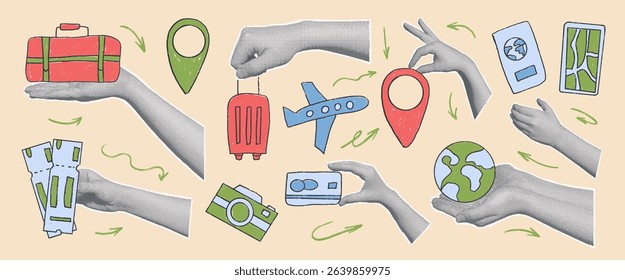 Travel collage with hands and elements crayon drawn set. Suitcase, location map, passport hand drawn grunge textured doodle isolated. Bags, airplane, pass board shapes. Vector illustration by pencil.