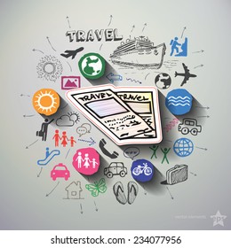 Travel collage with icons background. Vector illustration