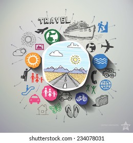 Travel collage with icons background. Vector illustration