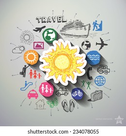 Travel collage with icons background. Vector illustration