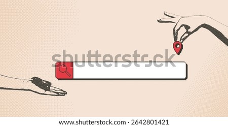 Travel collage with photocopy hands with pixel art elements. Human arms palm holding location map pin and search bar. Vector tourism bitmap scrapbook and 8bit mixed media banner illustration.