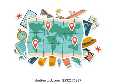 Travel collage. Summer vacation banner. World map with travel dectinations and travel object around isolated on white.