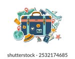 Travel collage. Summer and vacation concept. Suitcase with travel objects isolated on white. Summer travel destinations.