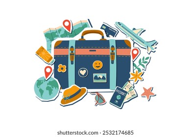 Travel collage. Summer and vacation concept. Suitcase with travel objects isolated on white. Summer travel destinations.