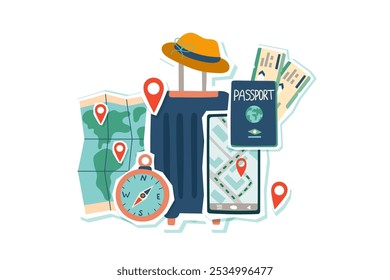 Travel collage. Summer and vacation concept. Suitcase with travel objects isolated on white. Travel destinations.