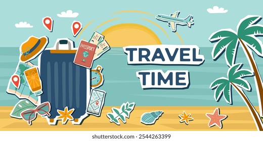 Colagem de viagem. Banner do conceito de viagem e férias. Praia de verão com mala e objetos de viagem. Estilo de etiqueta.