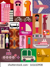 Travel - collage of various images. Patchwork vector illustration.