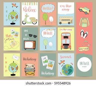 Travel collection for banners,Flyers,Placards with airplane,world,bus in london,bicycle,luggage,camera and tree