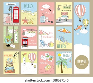 Travel collection for banners,Flyers,Placards with balloon,world traveling on airplane, planning a summer beach vacation, tourism and journey objects and passenger luggage