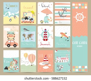 Travel collection for banners,Flyers,Placards with balloon,world traveling on airplane, planning a summer beach vacation, tourism and journey objects and passenger luggage