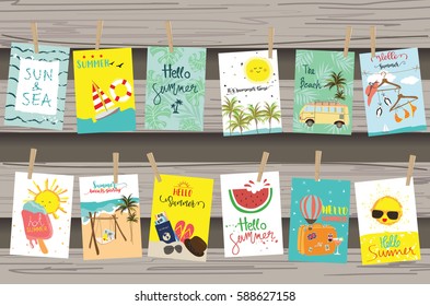 Travel collection for banners,Flyers,Placards with watermalon,ship,sea,sun,ice cream,van,coconut tree and pineapple