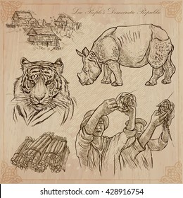 Travel collection. LAOS traveling set. Pictures of Life, Lao People's Democratic Republic.Hand drawn vector pack, freehand sketching. Illustrations are editable.All things are named inside the vector.