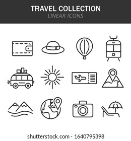 Travel collection linear icons in black on a white background