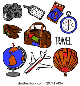 Travel collection. Vector illustration, which shows: airplane, suitcase, travel bag, tag for bags, globe, balloon, camera, wallet, plane ticket, passport, compass and lettering Travel.